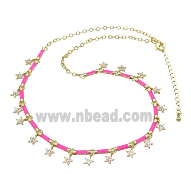Copper Necklace Pave Zircon Hotpink Enamel Gold Plated