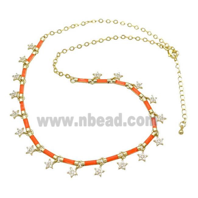 Copper Necklace Pave Zircon Orange Enamel Gold Plated