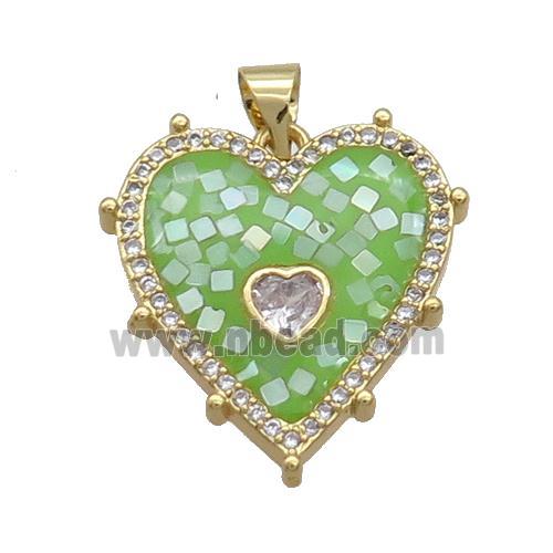 Copper Heart Pendant Pave Shell Green Gold Plated