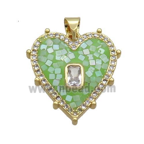 Copper Heart Pendant Pave Shell Green Gold Plated