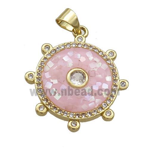 Copper Circle Pendant Pave Shell Pink Gold Plated