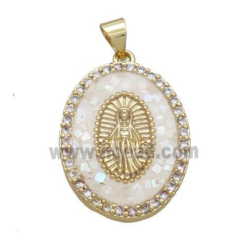 Copper Oval Pendant Pave Shell Virgin Mary Religious White Gold Plated
