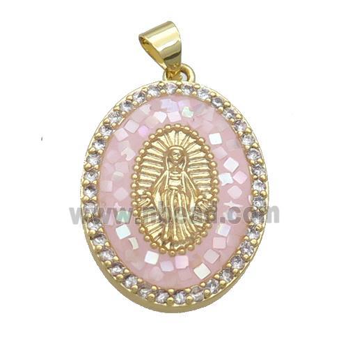 Copper Oval Pendant Pave Shell Virgin Mary Pink Gold Plated