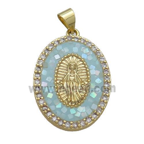 Copper Oval Pendant Pave Shell Virgin Mary Aqua Gold Plated