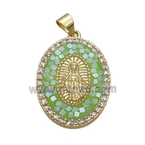 Copper Oval Pendant Pave Shell Virgin Mary Green Gold Plated