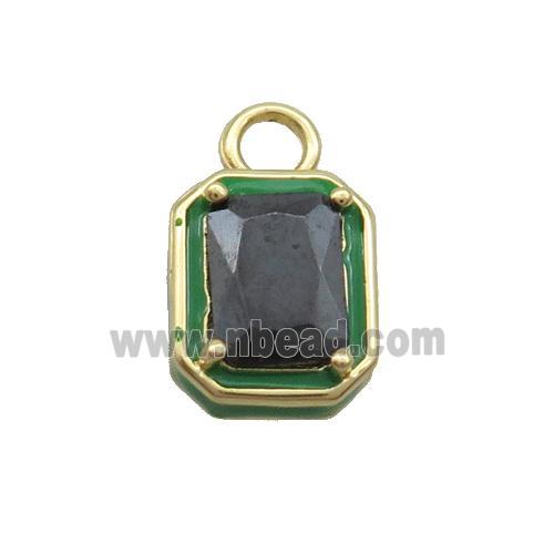 Copper Rectangle Pendant Pave Black Crystal Glass Green Enamel Gold Plated