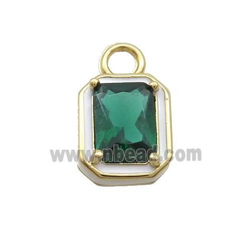 Copper Rectangle Pendant Pave Green Crystal Glass White Enamel Gold Plated