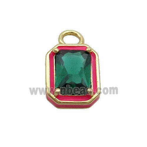 Copper Rectangle Pendant Pave Green Crystal Glass Red Enamel Gold Plated