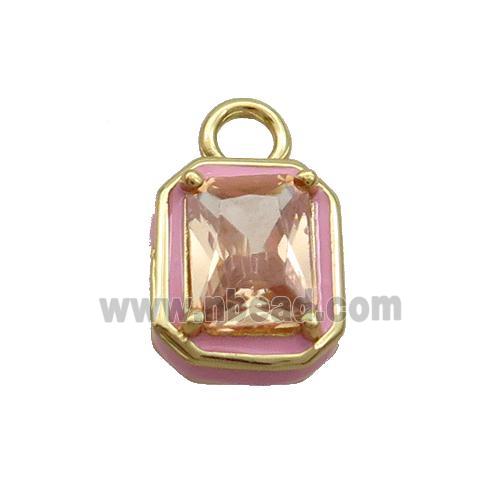 Copper Rectangle Pendant Pave Champagne Crystal Glass Pink Enamel Gold Plated