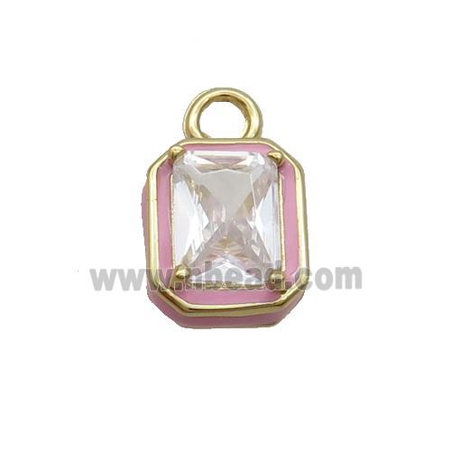 Copper Rectangle Pendant Pave Clear Crystal Glass Pink Enamel Gold Plated