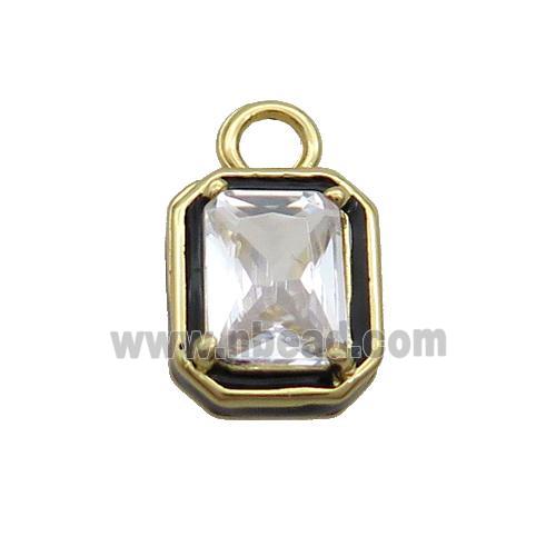 Copper Rectangle Pendant Pave Clear Crystal Glass Black Enamel Gold Plated