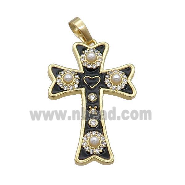 Copper Cross Pendant Pave Zircon Black Enamel Religious Gold Plated