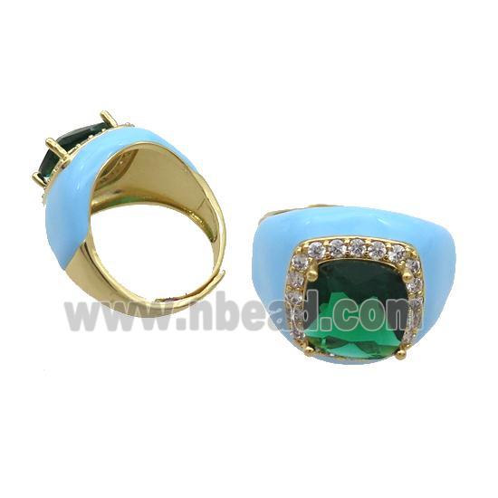 Copper Ring Pave Crystal Blue Enamel Adjustable Gold Plated