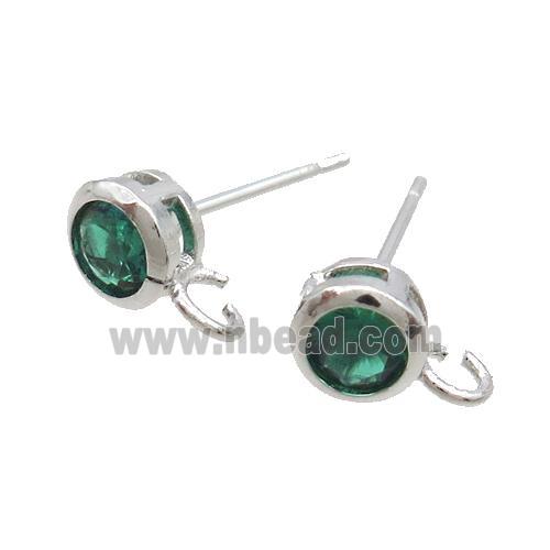 Copper Stud Earring Pave Green Crystal Glass Platinum Plated