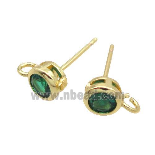 Copper Stud Earring Pave Green Crystal Glass Gold Plated