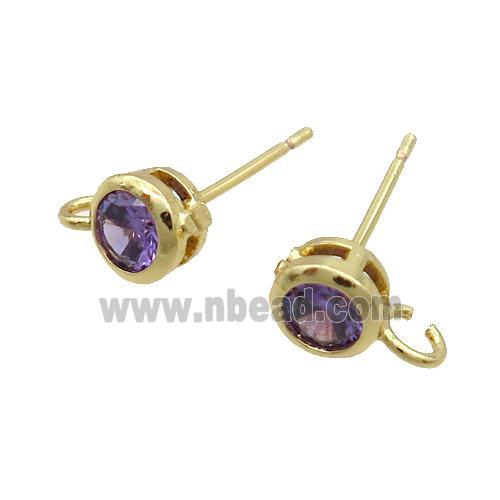 Copper Stud Earring Pave Purple Crystal Glass Gold Plated