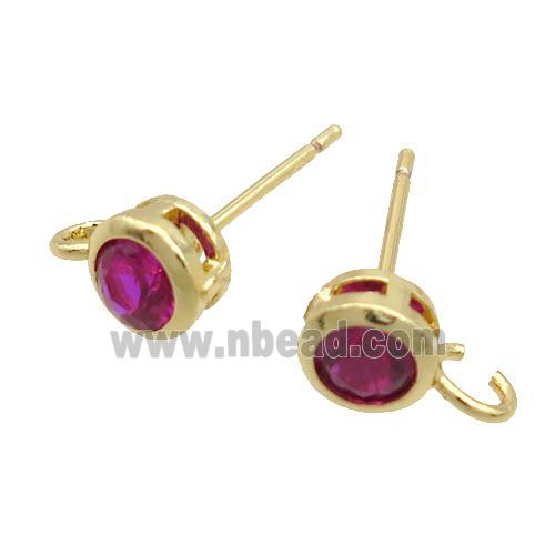 Copper Stud Earring Pave Hotpink Crystal Glass Gold Plated