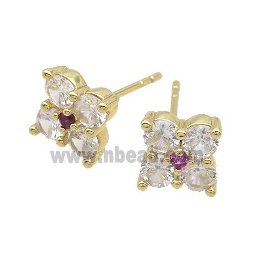 Copper Stud Earring Pave Clear Crystal Glass Flower Gold Plated