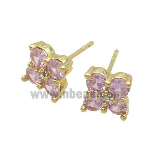 Copper Stud Earring Pave Pink Crystal Glass Flower Gold Plated