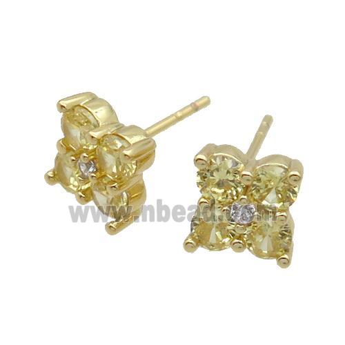 Copper Stud Earring Pave Yellow Crystal Glass Flower Gold Plated