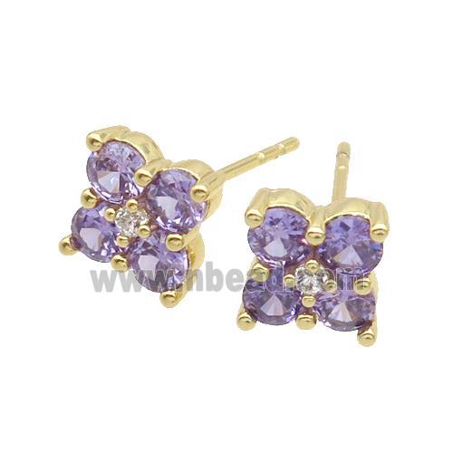 Copper Stud Earring Pave Purple Crystal Glass Flower Gold Plated