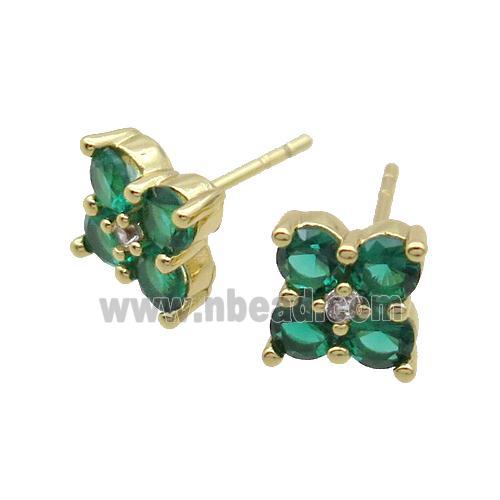 Copper Stud Earring Pave Green Crystal Glass Flower Gold Plated