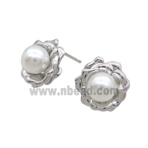 Copper Stud Earring Pave Pearlized Shell White Flower Platinum Plated
