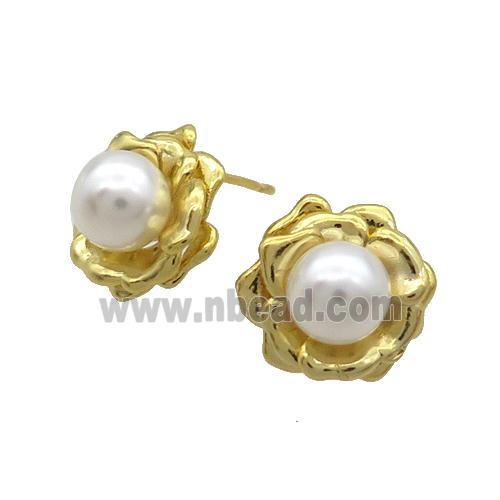 Copper Stud Earring Pave Pearlized Shell White Flower Gold Plated