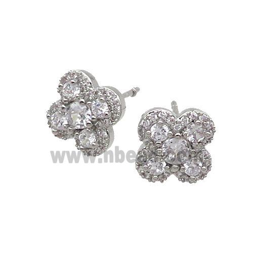 Copper Stud Earring Pave Zircon Clover Platinum Plated