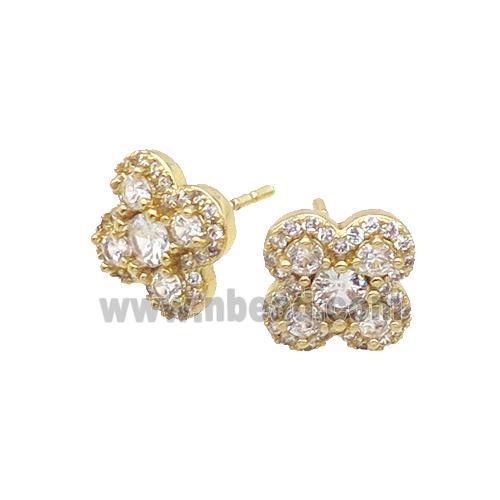 Copper Stud Earring Pave Zircon Clover Gold Plated