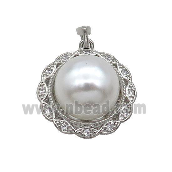 Copper Pendant Pave Pearlized Shell Flower Platinum Plated
