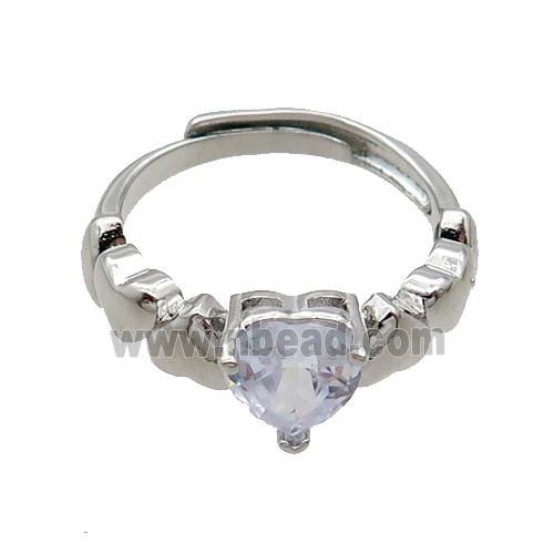 Copper Ring Pave Crystal Glass Heart Adjustable Platinum Plated