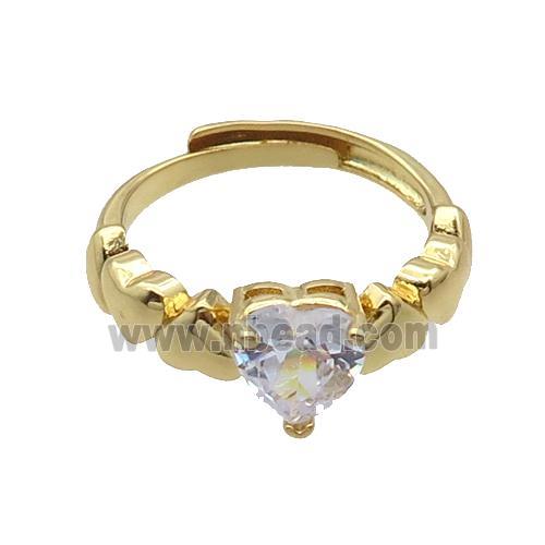 Copper Ring Pave Crystal Glass Heart Adjustable Gold Plated