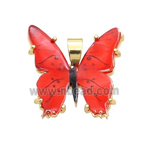 Copper Butterfly Pendant Pave Red Resin Gold Plated