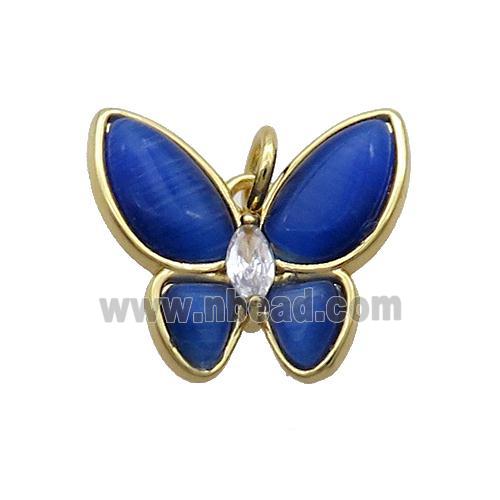 Copper Butterfly Pendant Pave Blue Catseye Gold Plated