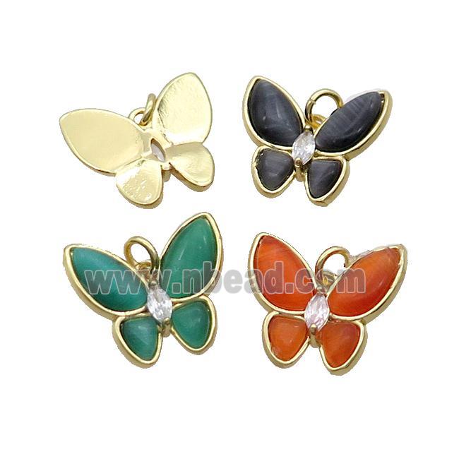 Copper Butterfly Pendant Pave Catseye Gold Plated Mixed