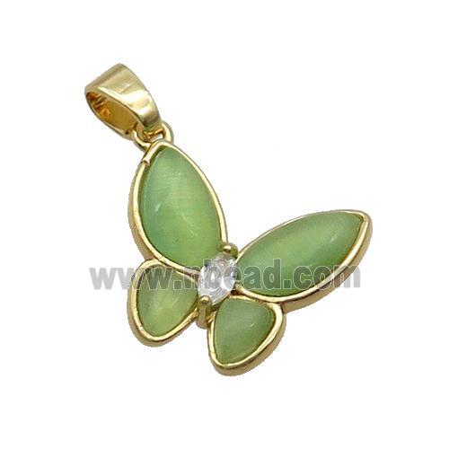 Copper Butterfly Pendant Pave Green Catseye Gold Plated