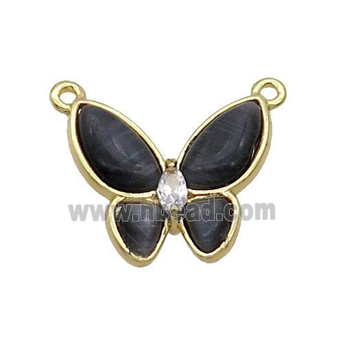 Copper Butterfly Pendant Pave Black Catseye 2loops Gold Plated
