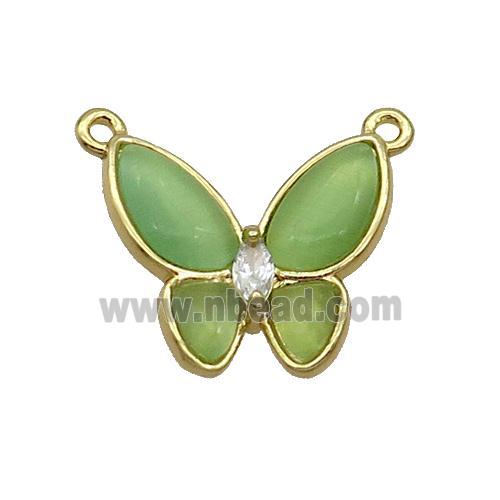 Copper Butterfly Pendant Pave Green Catseye 2loops Gold Plated