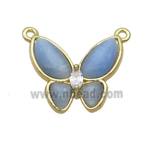Copper Butterfly Pendant Pave Blue Catseye 2loops Gold Plated