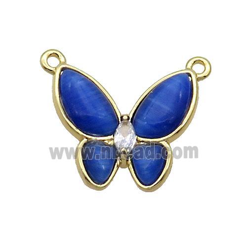 Copper Butterfly Pendant Pave Blue Catseye 2loops Gold Plated