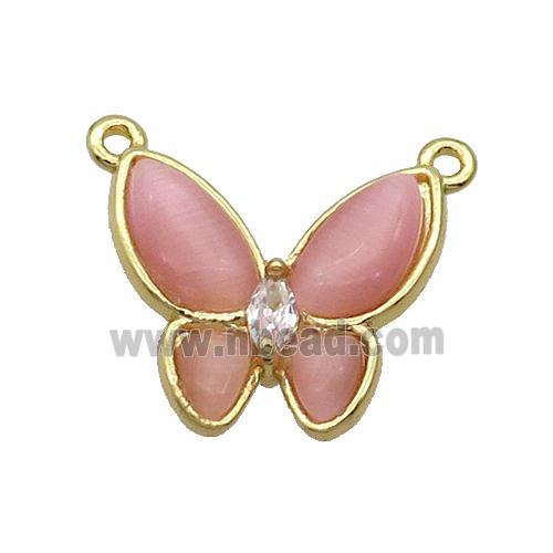 Copper Butterfly Pendant Pave Pink Catseye 2loops Gold Plated