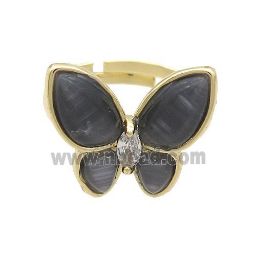 Copper Butterfly Ring Pave Black Catseye Adjustable Gold Plated