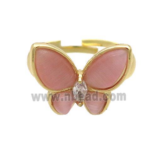 Copper Butterfly Ring Pave Pink Catseye Adjustable Gold Plated