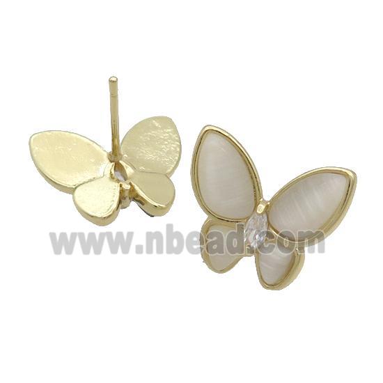 Copper Butterfly Stud Earring Pave White Catseye Gold Plated