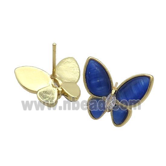 Copper Butterfly Stud Earring Pave Blue Catseye Gold Plated