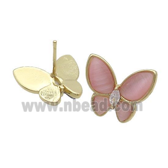 Copper Butterfly Stud Earring Pave Pink Catseye Gold Plated