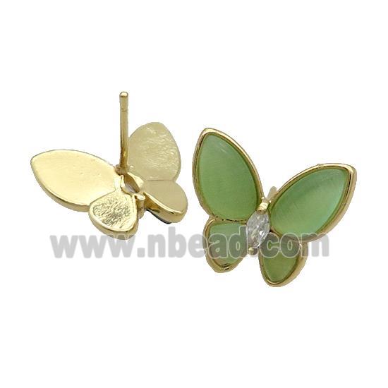 Copper Butterfly Stud Earring Pave Green Catseye Gold Plated