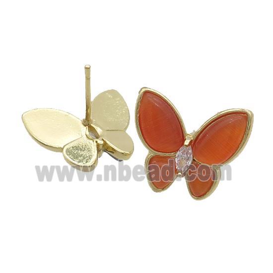 Copper Butterfly Stud Earring Pave Red Catseye Gold Plated