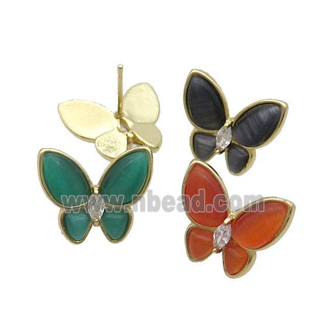 Copper Butterfly Stud Earring Pave Catseye Gold Plated Mixed
